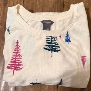 Eddie Bauer Waffle Knit Top Ivory With Multi-Color Pine Tree Design